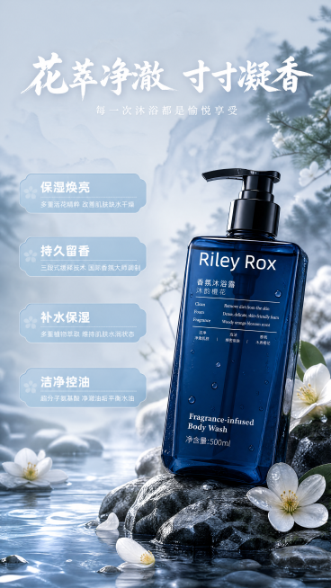 「图片1」「图片1」「图片1」「图片1」「图片1」「图片1」「图片1」「图片1」「图片1」「图片1」图一是我的产品沐浴露“沐韵橙花”其余的图是我的参考图，请根据我的参考图帮我重新生成主图一沐浴露的详情预览效果