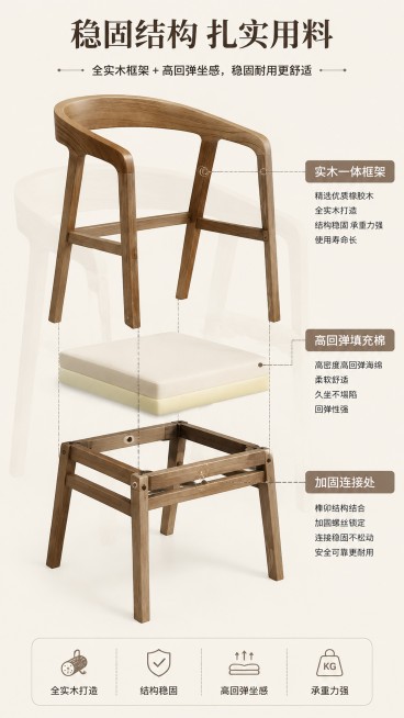 [第4屏] 结构解析页，展示实木桶椅的内部框架和分层结构。本屏使用【图1】作为产品基础。
[氛围/风格] 清晰专业，结构示意直观，通透展示，科技感辅助线标注。
[元素布局] 画面主体为实木桶椅结构分层预览效果