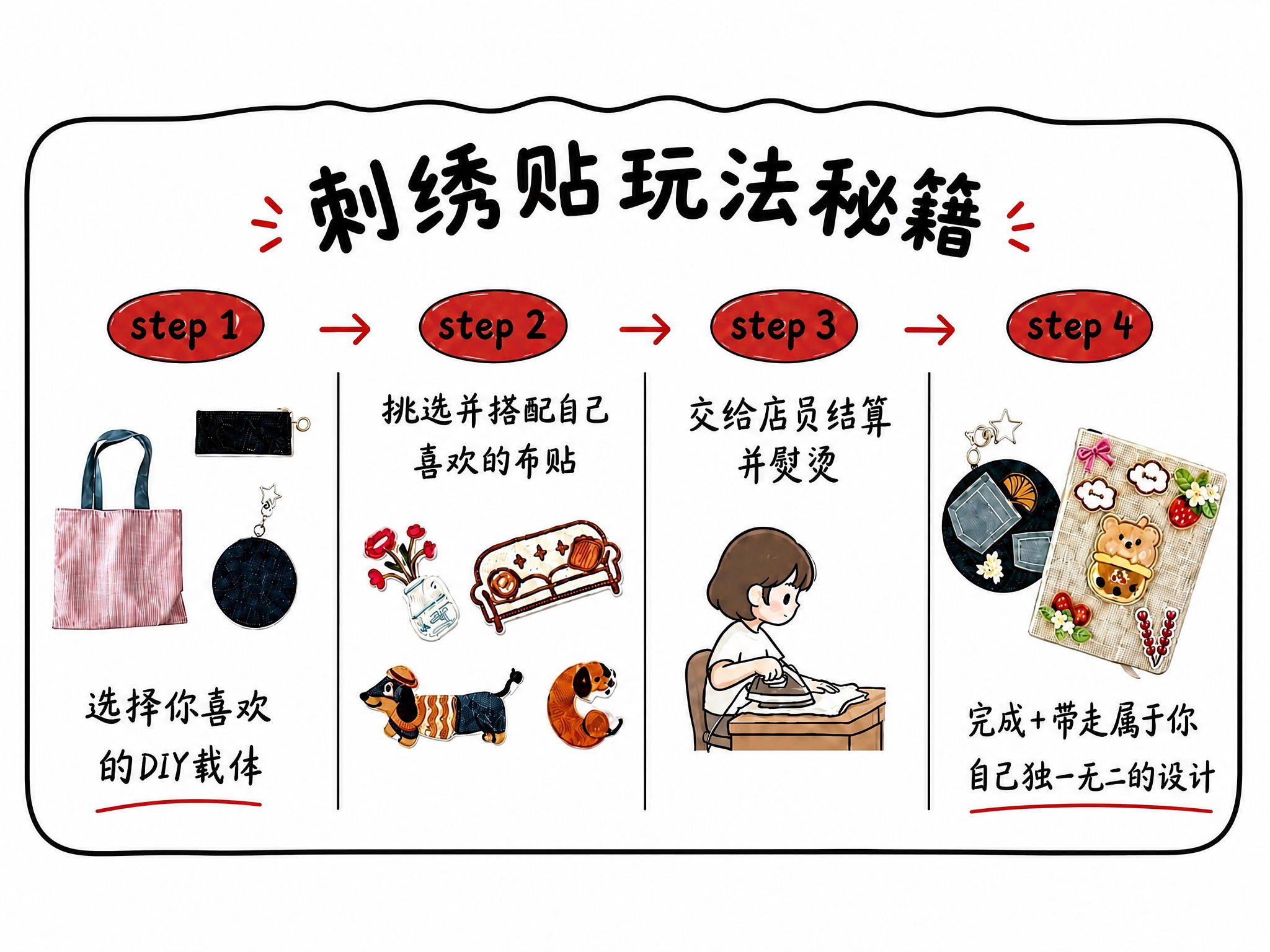 刺绣贴玩法秘籍展示牌，尺寸和第一张DIY编绳价格牌完全一致（4… - 图片创意预览