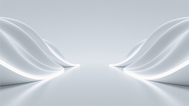 对称式构图，极简主义3D渲染，纯净白色背景为底，两侧优雅白色丝绸状曲线柔和均匀光线中向中心汇聚，哑光质感伴微妙高光，宁静通透且具科技未来感，背景主体相融，干净高级的背景素材提示词