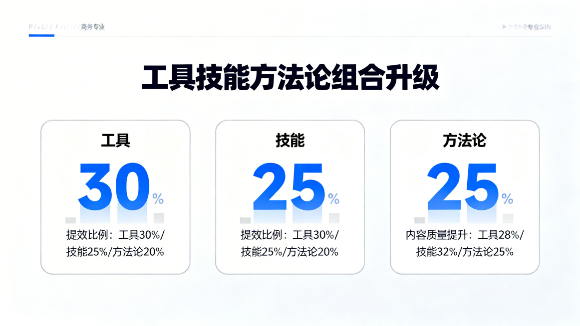 PPT页面，工具技能方法论组合升级，包含工具、技能、方法论三类，展示提效比例和内容质量提升成果，商务专业风格，数据直观预览效果