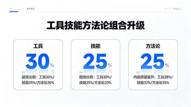 PPT页面，工具技能方法论组合升级，包含工具、技能、方法论三类，展示提效比例和内容质量提升成果，商务专业风格，数据直观