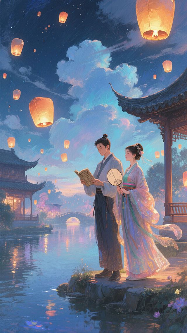 夜空，很多孔明灯，一对身穿传统服饰情侣立于小河边，男子手拿古书，女子执团扇，云朵，亭台楼阁，冷暖渐变色调