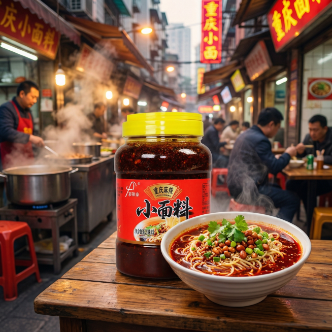 把原图中的重庆小面调味料瓶放在街边重庆小面餐馆的餐桌场景，搭配做好的麻辣小面，制作1:1比例美食宣传海报，画面不要任何文字预览效果