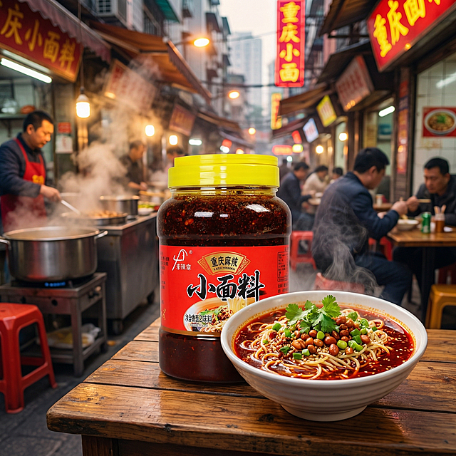 把原图中的重庆小面调味料瓶放在街边重庆小面餐馆的餐桌场景，搭配做好的麻辣小面，制作1:1比例美食宣传海报，画面不要任何文字