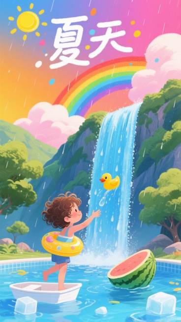卷发孩童带着黄色小鸭子游泳圈踮脚触碰彩虹瀑布：五彩斑斓的瀑布从山间流下，瀑布两侧是树影绿，海盐蓝雨滴作帘，桃汽粉云朵托起柠檬黄太阳。脚下西瓜泳池漂浮冰块白小船，背景高饱和色块，标题“夏天”手写于彩虹上预览效果