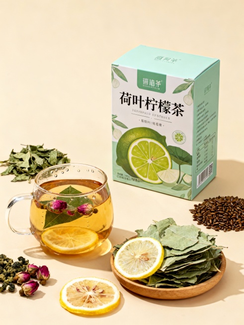 高端摄影海报，「荷叶柠檬茶」，米色背景，素材都集中在中间（边上不能有素材是超出花光的），所有素材都围绕着产品，，全部露出：
1. 主体核心：产品包装盒（视觉重心）
位置：画面中央偏右，突出立体度，产品预览效果