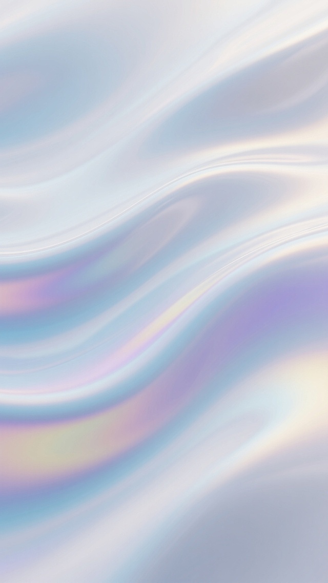 3D渲染的流动感背景，柔和的白色基底上覆盖着细腻的波浪状纹路，融入梦幻的彩虹渐变光泽，主要呈现淡蓝色、淡紫色和淡黄色的微妙色彩交织，光线从多角度柔和照射，形成明亮的高光和轻微的阴影对比，整体质感光滑如丝绸，带有半透明的光晕效果，营造出宁静而优雅的氛围，适合作为背景素材使用。