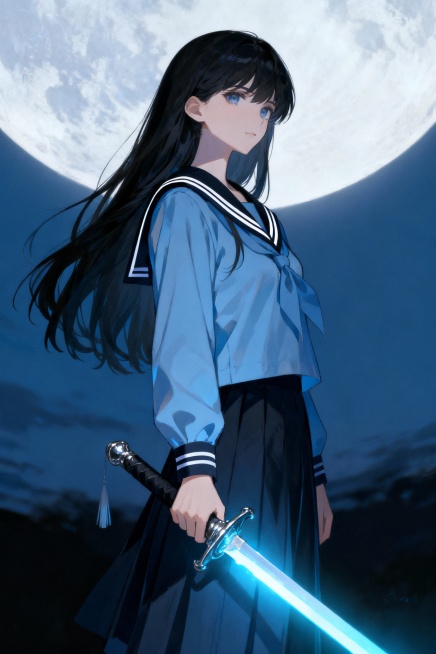 一位身材纤瘦的皇女手持暗影长剑，气质清冷。她身穿淡蓝色水手服，披散着黑色长发。预览效果