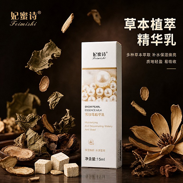 [主图-1] 首图品牌调性，草本植萃精华乳产品主视觉，突出多种草本中药萃取的天然专业品质感。
[统一基调] 整体风格为草本中药质感，深褐偏黑中药色调为主，搭配米白与暗金色点缀，营造传统草本与现代护肤结合的专业品质感。主标题字体为干净非衬线体，深褐色粗体，辅助文字为浅褐色细体，强调色为暗金色。
[画面] 产品包装盒（妃蜜诗雪珍珠精华乳白色长方盒）居中偏右放置，占画面约55%，正面朝向观众略偏左侧，展示完整产品外观。左侧及背景布置多种晒干后的草本中药原料：人参片、积雪草干叶、茯苓块、地黄根切片、天女木兰干花，草本颜色呈深褐偏黑的中药晒干色泽，自然散落在深色木质台面上，部分草本以悬浮方式轻飘在产品周围。背景为深褐色渐变，底部有柔和的台面倒影。左上角放置妃蜜诗品牌Logo，暗金色。
[光影质感] 商业摄影质感，柔和侧上方主光，产品表面有细腻光泽，草本药材纹理清晰可见，整体光影沉稳有质感，暗调氛围中突出产品主体。
[配色] 主色深褐偏黑中药色，辅助色米白、暗金色，产品本身白色包装作为亮色块平衡画面。
[文字版式] 画面右侧上方大字号主标题：草本植萃精华乳；下方两行小字：多种草本萃取 补水保湿焕亮；再下方：质地轻盈 易吸收。文字右对齐，放在产品右侧负空间，不遮挡产品主体。底部小字标注净含量15ml。
[输出要求] 比例1:1，文字清晰可读，产品清晰不变形，无多余杂物，无水印，无平台Logo，无生产厂家信息。负向：产品变形、错字、模糊、杂乱背景、夸张功效、医疗暗示。
