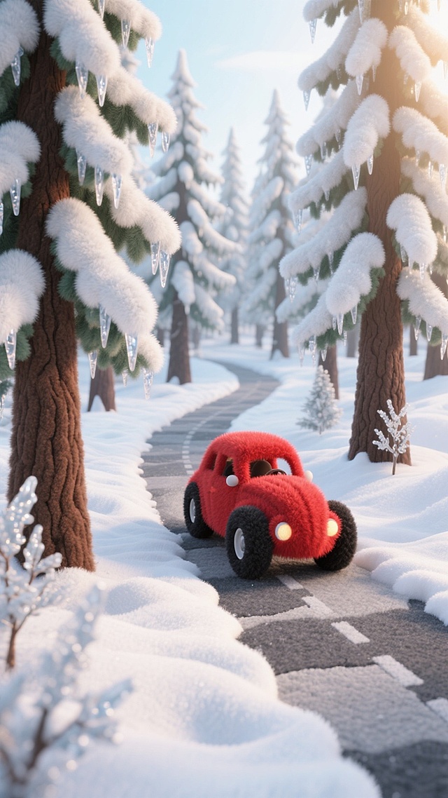 一片冬日森林场景，森林里有大量高大的松树，上面有装饰，铺满厚厚的雪，一辆红色的车从路正中间开过