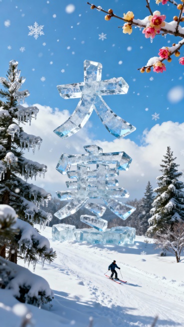 画面视觉中心为冰块组成的“大寒”大字，宁静的雪地，幽静落雪的松柏，腊梅，冰晶，雪花，滑雪的小人，蓝天白云预览效果