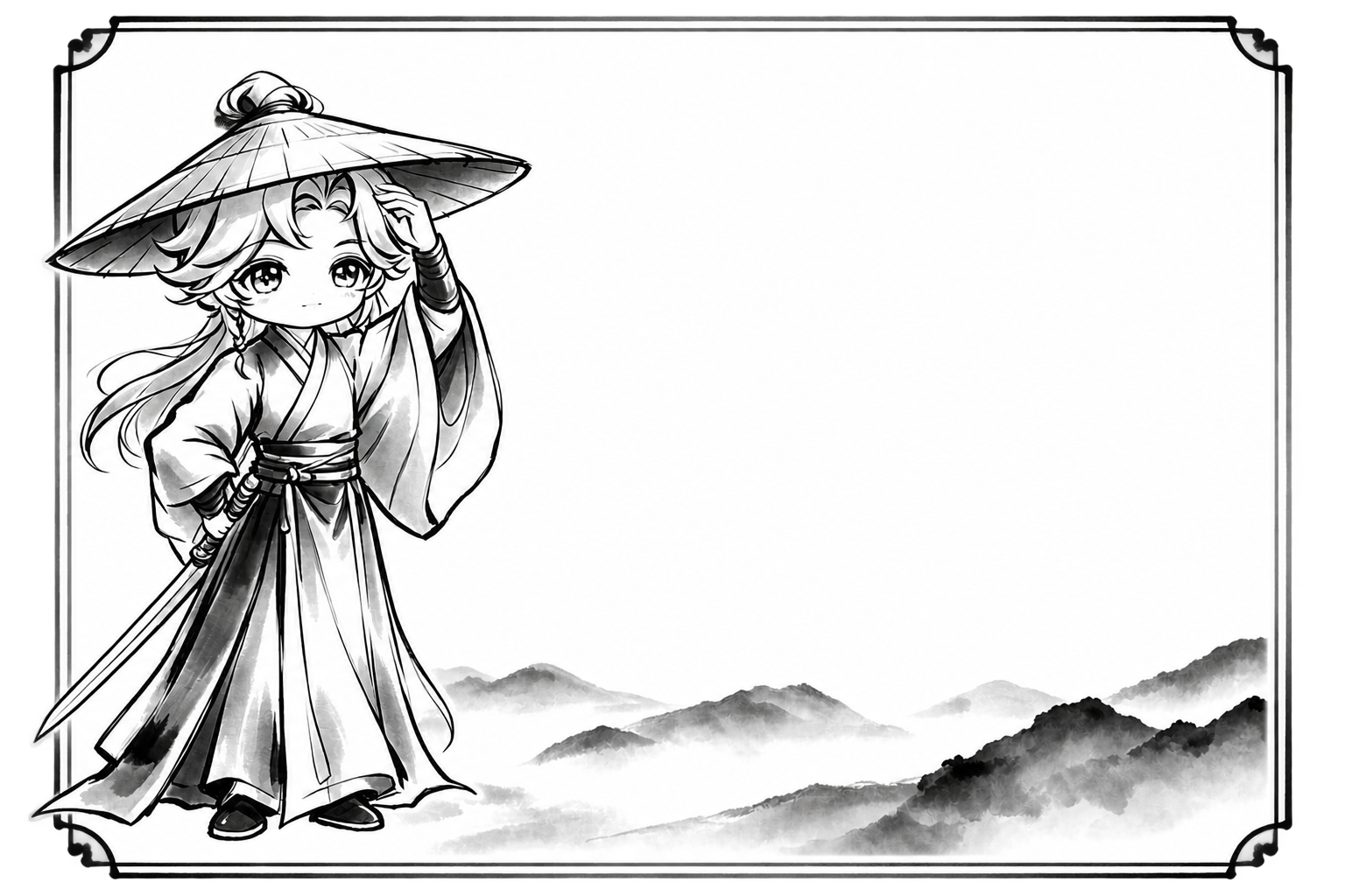 在这张透明背景的Q版古风人物山水边框图基础上，给边框内部的所有… - 图片创意预览