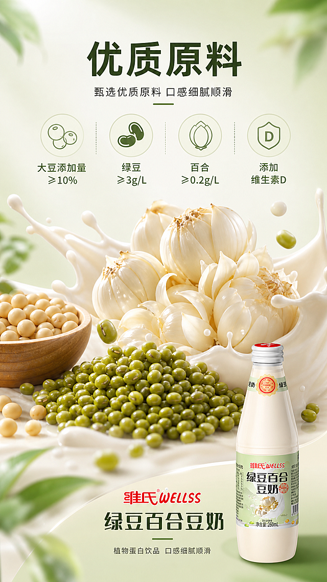 [产品详情页第二屏] 维氏绿豆百合豆奶核心原料展示详情页。整体风格与首屏统一，保持清新淡绿+米白配色，延续相同光影风格。页面中心展示新鲜绿豆和完整百合球茎，围绕产品原料进行特写，突出原料的天然新鲜，周围点缀飞溅的豆奶水花。页面上方大字标题"优质原料"，下方分点清晰展示核心原料信息：大豆添加量≥10%，绿豆≥3g/L，百合≥0.2g/L，保留维生素D添加信息。删除所有违禁词汇，确保全部文案符合电商规范，保持产品信息准确。页面底部保留品牌信息，排版简约干净，主体突出，9:16比例，商业摄影质感，光线柔和自然，超高清2K分辨率。负向提示词：变形，水印，文字错乱，产品模糊，背景杂乱，违禁词，绝对化用语