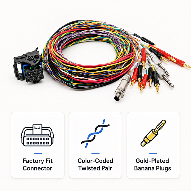 [Main Image 3] Core product features. Keep original product appearance. Show three core advantages with icons and English text in three columns on light background: 1. Icon with text "Factory Fit Connector"; 2. Icon with text "Color-Coded Twisted Pair"; 3. Icon with text "Gold-Plated Banana Plugs". Product displayed on upper half of image, three feature cards at bottom. All text in English. 1:1 square.