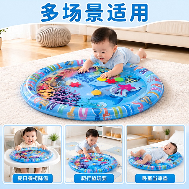 修改这张拍拍水垫多场景主图，将图片中所有外国婴儿宝宝替换为中国婴儿宝宝，保持拍拍水垫的外观、图案、颜色、尺寸完全不变，保持整体构图、文字版式、场景背景、所有文字信息完全不变，替换后的中国宝宝表情自然、动作和原图宝宝一致，符合中国婴儿特征，整体光影风格和原图统一，1:1比例，文字清晰可辨，超高清商业摄影质感。负向提示词：变形，文字错乱，产品图模糊，背景杂乱，水印，电商平台Logo，水垫变形，宝宝动作突兀