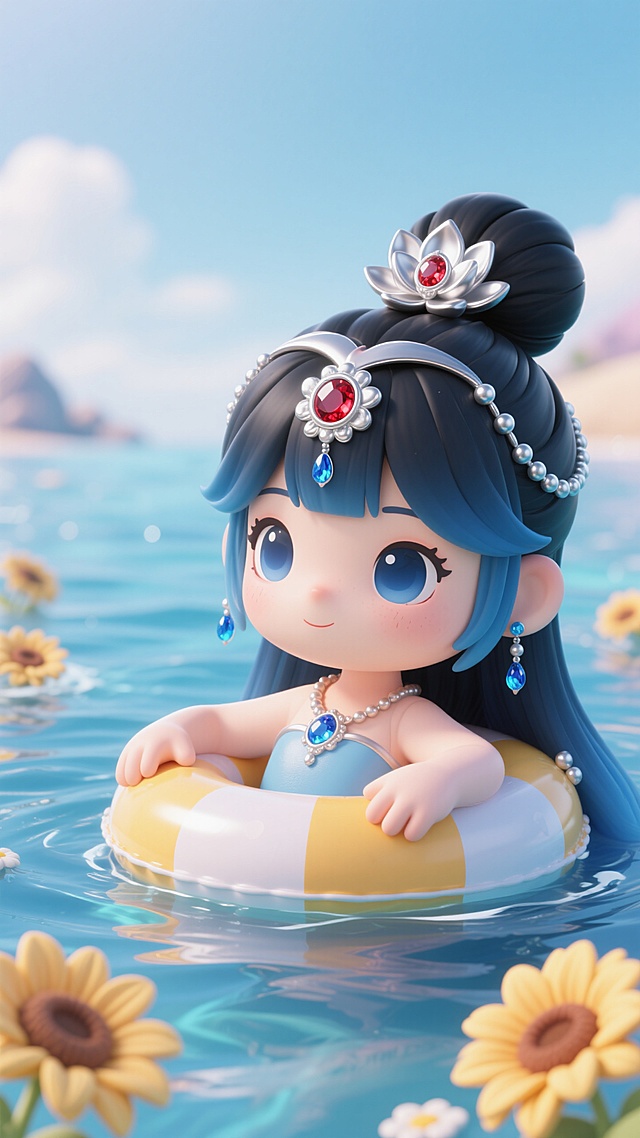 梦幻西游手游魔梦灵珑，画面中黑蓝色长发的少女扎着高单半丸子头，丸子头上银色莲花发饰在正前方，额头刘海上挂着银色镶嵌红宝石的大圆形和两边镶嵌着银色蓝宝石用小银珠子穿起来的发饰，及腰长发，搭配齐刘海与脸颊长刘海，躺在游泳圈上，漂浮在海面上，周围点缀着可爱的向日葵元素