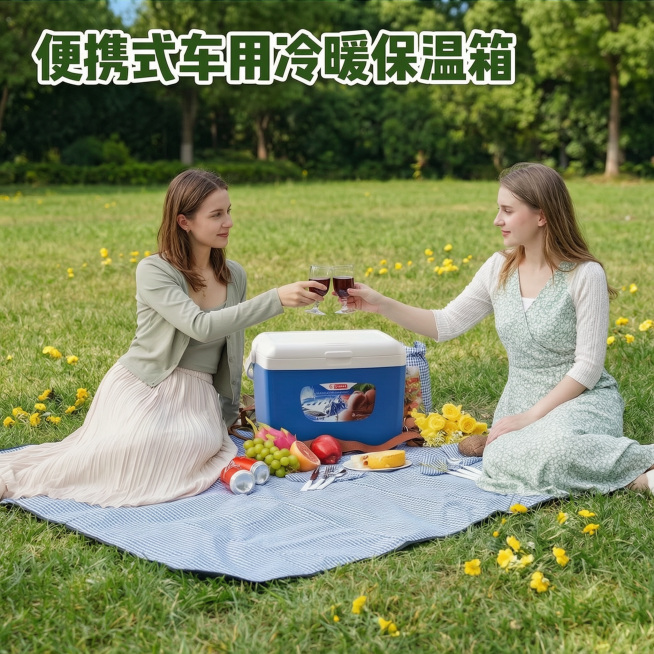 将图片上的英文全部转换成中文，字体、排版和颜色均保持不变，Portable Car Cooler & Warmer译为便携式车用冷暖保温箱预览效果
