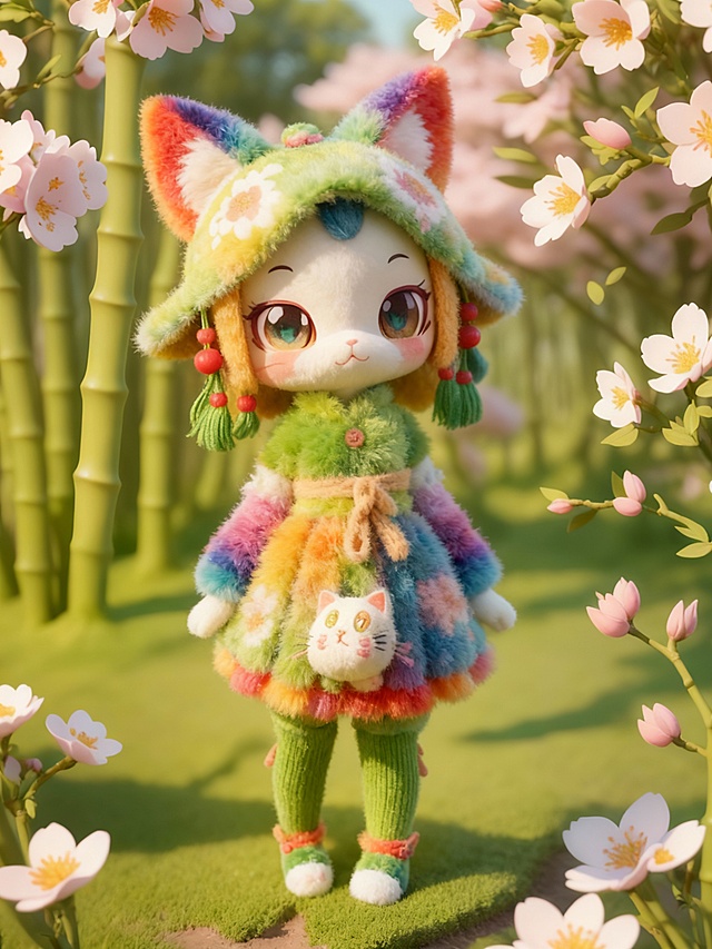 软3D风萌猫少女，彩虹毛绒服饰搭配拟人化细节，置身樱花竹林，融合可爱感与梦幻清新氛围，展现春日节日的柔美童话意境。