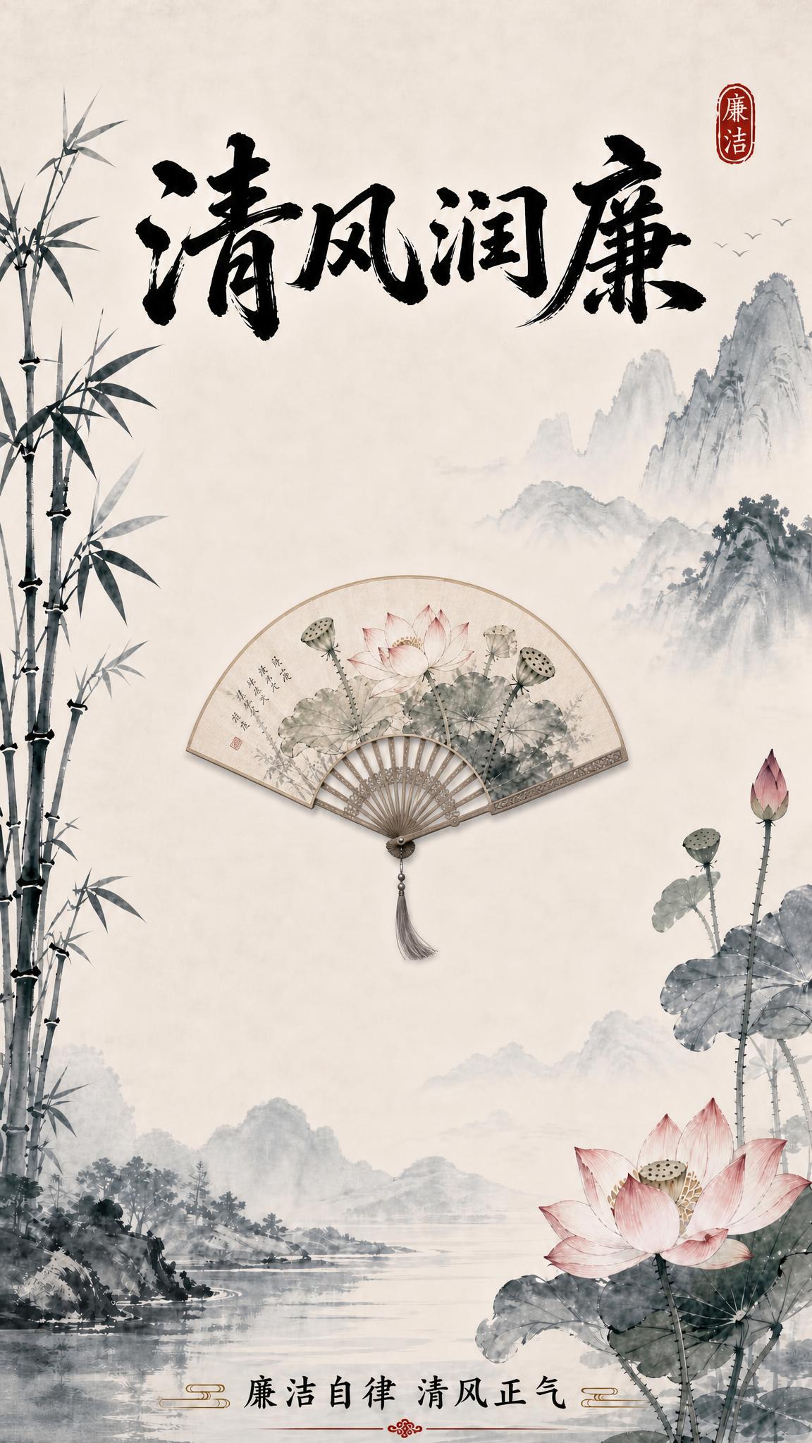 基于参考图的整体国风水墨风格和布局，保留顶部大书法标题"清风润… - 图片创意预览