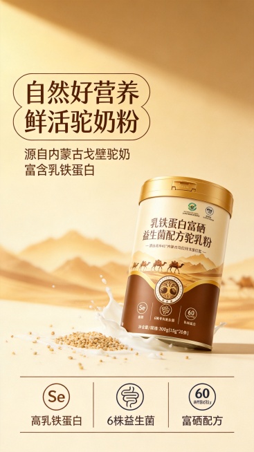 [第1屏] 乳铁蛋白富硒益生菌驼乳粉产品宣传海报。
[氛围/风格] 高端营养健康风，暖金色沙漠背景，柔和暖光，商业摄影质感，整体干净高级。
[元素布局] 本屏使用【图2】作为商品主体，保持驼乳粉罐体金预览效果