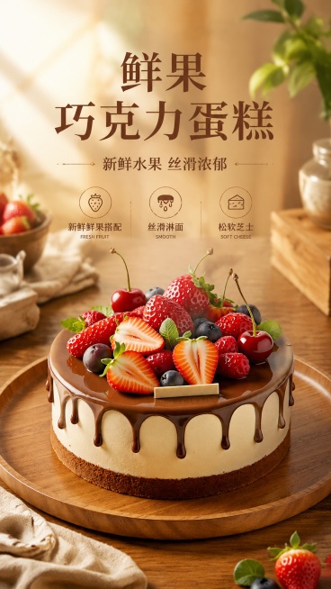 商品营销海报，写实商业摄影风格，9:16，主标题"鲜果巧克力蛋糕"，副标题"新鲜水果 丝滑浓郁"，卖点标签"新鲜鲜果搭配""丝滑淋面""松软芝士"，放置在简约暖调烘焙背景中，木质托盘承托，顶部柔和自然预览效果