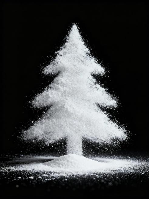 一个白色颗粒状的尘埃，以圣诞树的形状，黑色背景，极简，简单，数字艺术预览效果