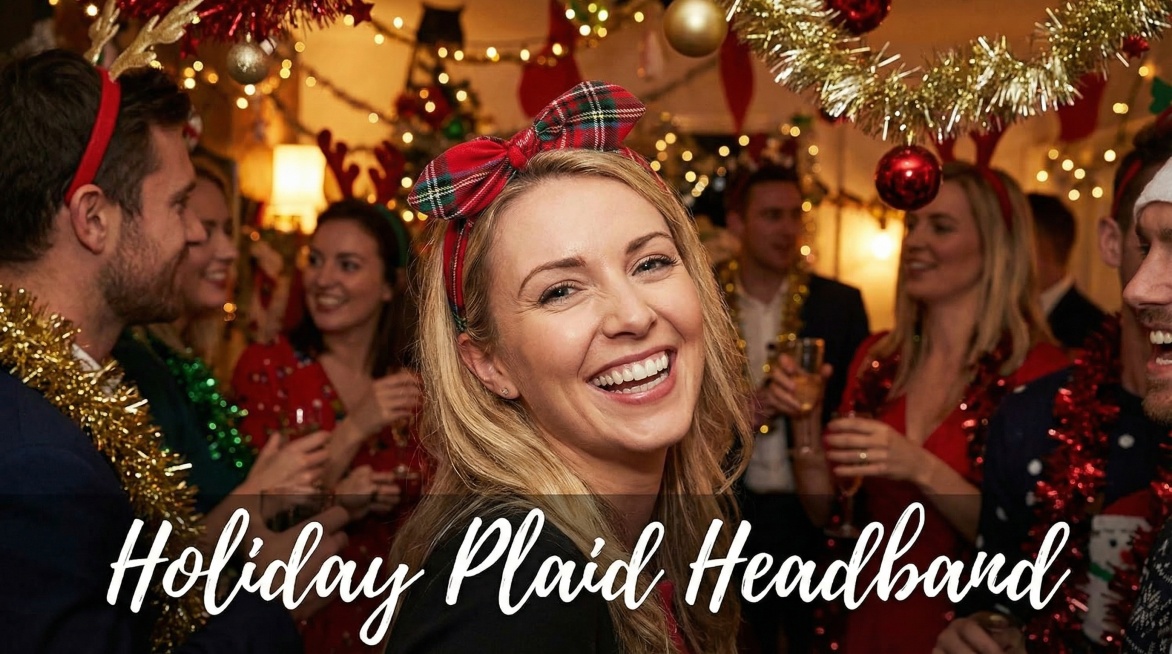 欧美女性佩戴图中红色格纹蝴蝶结发带，节日派对场景，英文标注"Holiday Plaid Headband"预览效果