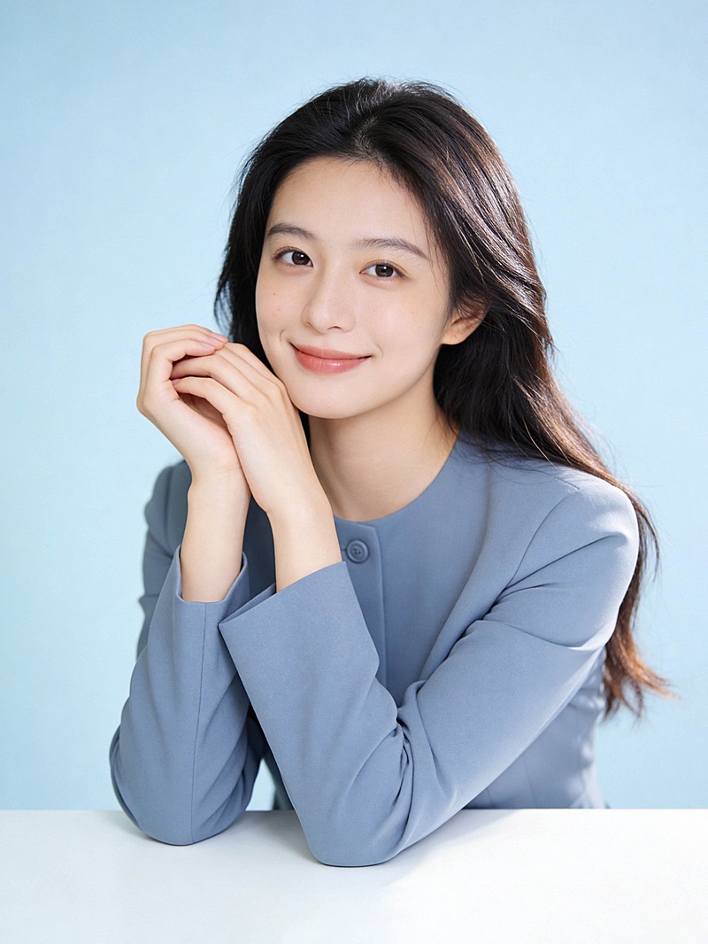 浅灰蓝西装治愈双手托腮女性职业形象照