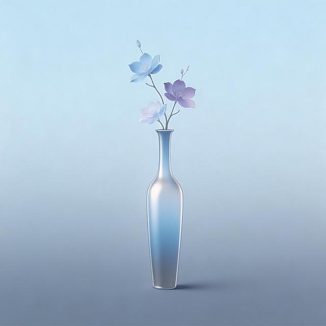 极简主义国风美学平面插画，冷色调，极为优雅的细长发光渐变花瓶，瓶中有几枝花，淡雅渐变色铺陈，晕染出如梦似幻的仙境氛围，极简干净的蓝渐变背景，融合中式美学与平面抽象前卫艺术，兼具詹姆斯特瑞尔的光影幻境感与工笔画的细腻笔触神韵，以抽象表现主义手法勾勒梦境般画面，线条与色彩细腻入微，整体充满艺术张力与高级感，风格独特跳脱AI生成套路