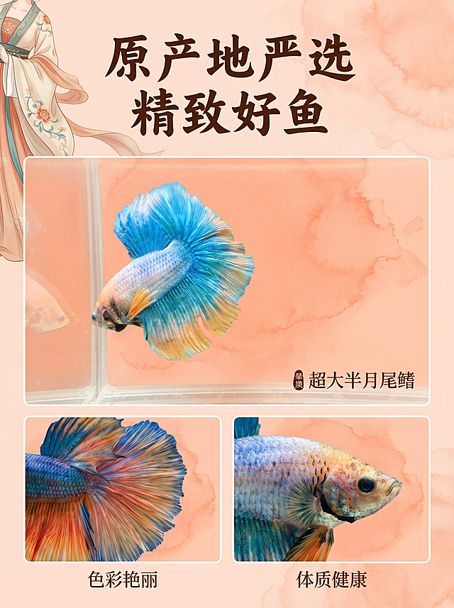 [主图 3] 泰国半月斗鱼原产地品质细节展示
[氛围/风格] 中国风卡通古风，浅珊瑚橙背景，搭配国风水墨晕染效果，真实细腻质感，商业摄影质感、光线柔和通透、产品清晰真实、画面干净高级
[元素/光影] 画面采用拼图布局，主图区域展示蓝色半月斗鱼完整展示，左下角和右下角各放一张不同颜色斗鱼的细节特写小图，三张图背景统一为浅珊瑚橙，主图占画面70%，两张小图均匀分布在下方，左上角露出半个古风中国古代美女卡通人物衣袖做装饰；保持所有斗鱼的外观、颜色、质感和对应输入产品图https://gdesign-dam-hz.dancf.com/36189707168105546/1e472f4f99544fe293e00ab4040a560f.jpg https://gdesign-dam-hz.dancf.com/36189707228136521/216756e5cd8f4cc88d4d6595bc454059.jpg https://4.jpg保持绝对一致，杜绝变形和色差；整体光影统一柔和，画面干净
[配色色系] 主色调浅珊瑚橙，不同颜色斗鱼自然色彩点缀，文字深棕色保证可读性
[视角构图] 拼图式布局，主次分明，主图平视视角，细节小图为特写视角，整体保持浅景深突出主体
[文字版式] 主标题「原产地严选 精致好鱼」在顶部居中，最大号古风书法字体，深棕色；细节旁标注对应特点，主图旁标注「超大半月尾鳍」，小图分别标注「色彩艳丽」「体质健康」，小字号古风字体，不遮挡主体，层级清晰，保留安全边距
[比例分辨率] 3:4 比例，2k 分辨率；文字清晰锐利，画面超高清
[负向提示词] 变形，水印，文字错乱，产品图模糊，背景杂乱，文字遮挡主体，配色刺眼，光影不统一