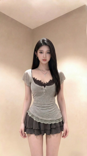 将图一图二的浅灰短袖上衣搭配深灰多层短裙的穿搭换到图三人物身上，仅换穿搭，调整人物为模特身材，腰细身材比例好，呈现半身画面，人物不要拿包包，两只手自然放下来，脖子佩戴精致项链，画面真实自然预览效果