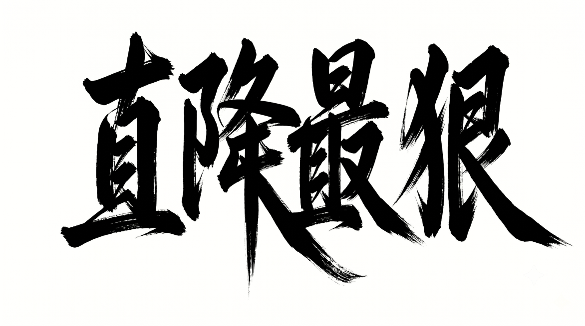 黑色毛笔书法字体，纯白色干净背景，仅保留四个文字"直降最狠"，保持原有的粗重厚实苍劲飞白笔触风格不变，笔画转折棱角分明，主笔画延伸出飘逸拖尾，保持强烈的笔画粗细对比和动感张力，整体画面比例为16:9横预览效果