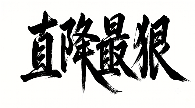 黑色毛笔书法字体，纯白色干净背景，仅保留四个文字"直降最狠"，保持原有的粗重厚实苍劲飞白笔触风格不变，笔画转折棱角分明，主笔画延伸出飘逸拖尾，保持强烈的笔画粗细对比和动感张力，整体画面比例为16:9横版，文字完整居中显示，四周留有安全边距
