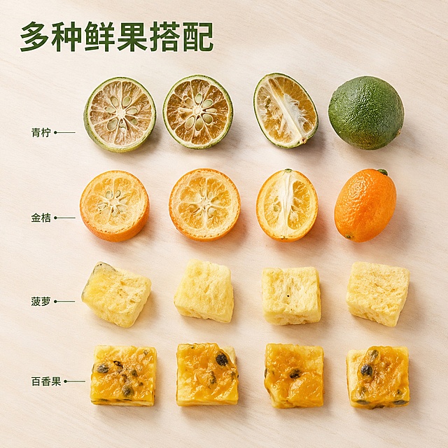 [主图-2] 缤纷水果茶混合装原料展示主图
[氛围风格] 自然通透质感风
[画质] 商业摄影质感、光线柔和通透、产品清晰真实、画面干净高级
[元素] 对缤纷水果茶混合装中的不同种类果干进行特写展示，不同颜色形状的果干分片排列在浅原木背景上，青柠片金桔片菠萝块百香果块分别摆放，展示清晰切面纹理。保持每种果干颜色纹理与原产品一致，精细化处理，商品整体占比约70%。画面干净清爽，背景浅纯色低饱和度
[光影] 自然柔光均匀铺洒，突出每种果干真实纹理，通透不暗沉
[配色] 浅米底搭配果干自然色彩，绿色黄色橙色点缀，清新协调
[视角构图] 平铺俯视构图，整齐排列，每种果干都完整展示，无重叠遮挡
[文字版式] 顶部左对齐放置大字标题"多种鲜果搭配"绿色粗体，每种果干旁用细引线标注对应名称：青柠/金桔/菠萝/百香果，文字小而清晰，不遮挡果干主体
[输出要求] 1:1 比例，文字清晰可辨，超高清商业摄影质感
[负向提示词] 变形，文字错乱，产品图模糊，背景杂乱，水印，电商平台Logo