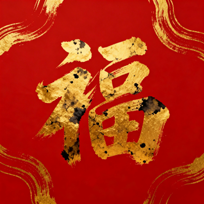 红底金福字，福字采用泼墨书法风格，金色带有墨韵纹理，背景点缀金色抽象线条预览效果