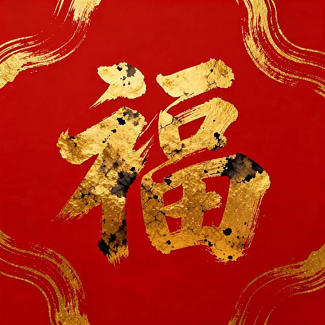 红底金福字，福字采用泼墨书法风格，金色带有墨韵纹理，背景点缀金色抽象线条