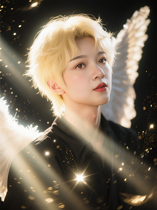 特写镜头，唯美精致的天使少年（奶油肌，金色的头发，黑色穿搭，发着光），环绕无数动态模糊的黑金调发光羽毛，大光圈虚化的暗调背景