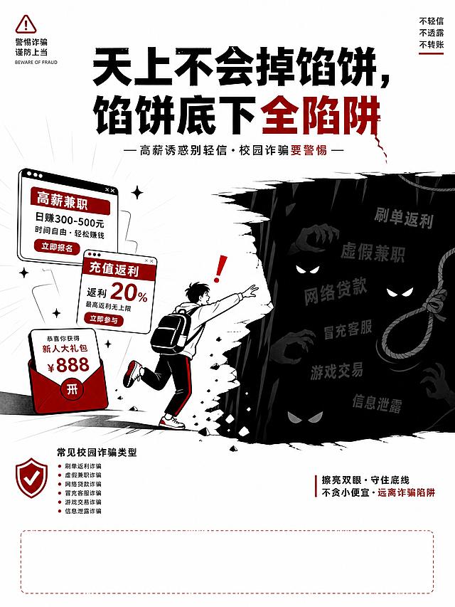 竖版3:4，创意反差插画反诈警示公益海报，画面左侧为诱人高薪兼职弹窗、高额返利红包，右侧为深渊陷阱，展示大学生伸手差点掉入陷阱的场景，采用黑白+红色警示配色，极简讽刺画风，印有主标题："天上不会掉馅饼，馅饼底下全陷阱"，边角添加小字科普各类校园诈骗，高级简约版式，高清印刷品质，海报预留留白方便添加XX学院青协/团支部落款，分辨率300DPI，3:4竖版
