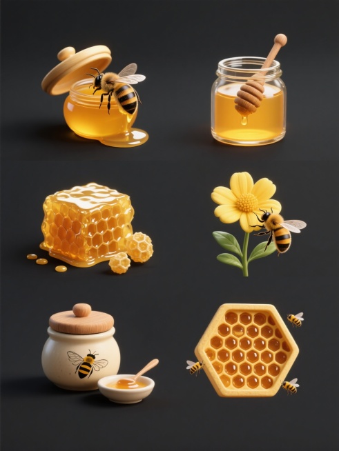 6个完全不同的蜂蜜系列元素内容规整排布在纯色背景上，保持超写实3D风格，主色调为金黄色与黑色，光影运用突出立体感与透明质感，每个元素都有细腻的纹理和高光表现。第一个元素是一只蜜蜂停在打开的蜂蜜罐边缘，罐口有蜂蜜滴落；第二个元素是一个装满蜂蜜的玻璃罐，罐口插着木质蜂蜜搅拌棒，罐壁有蜂蜜缓缓流下；第三个元素是一块带有蜂巢纹理的蜂蜜块，表面有晶莹的蜂蜜光泽，旁边散落着几颗完整的蜂巢；第四个元素是一只……预览效果