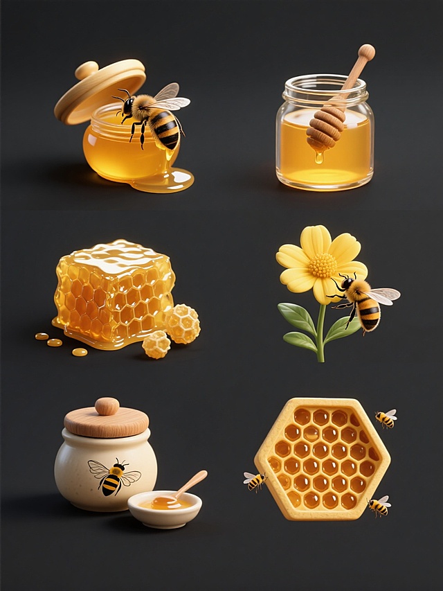 6个完全不同的蜂蜜系列元素内容规整排布在纯色背景上，保持超写实3D风格，主色调为金黄色与黑色，光影运用突出立体感与透明质感，每个元素都有细腻的纹理和高光表现。第一个元素是一只蜜蜂停在打开的蜂蜜罐边缘，罐口有蜂蜜滴落；第二个元素是一个装满蜂蜜的玻璃罐，罐口插着木质蜂蜜搅拌棒，罐壁有蜂蜜缓缓流下；第三个元素是一块带有蜂巢纹理的蜂蜜块，表面有晶莹的蜂蜜光泽，旁边散落着几颗完整的蜂巢；第四个元素是一只蜜蜂正在采集一朵盛开的黄色花朵的花蜜，花朵周围有几片绿叶；第五个元素是一个带有木质盖子的陶瓷蜂蜜罐，罐身上有手绘的蜜蜂图案，罐子旁边放着一个小碟子，碟子里有一勺蜂蜜；第六个元素是一个六边形的蜂巢，蜂巢中有许多装满蜂蜜的蜂房，几只小蜜蜂在蜂巢周围飞舞。所有元素布局对称且有规律，整体画面和谐统一，营造出纯净、自然、甜美的氛围。