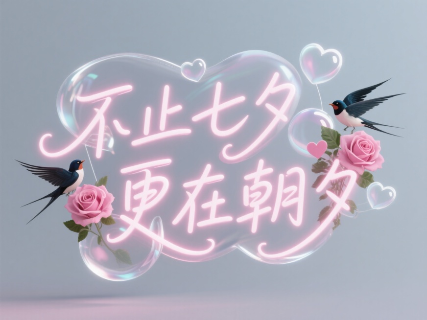 文字“不止七夕 更在朝夕”，文字穿插点缀爱心和两只喜鹊、字体间缠绕粉色玫瑰花朵。霓虹效果，科技感，淡白水晶底色粉色字，气泡字体。预览效果