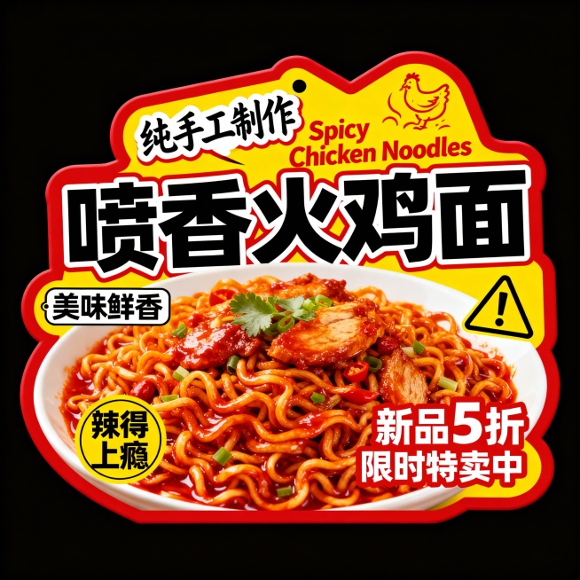 “喷香火鸡面”大标题，红黄主色调，“纯手工制作”手写体，搭配“Spicy Chicken Noodles”。火鸡面，辅以“美味鲜香”“辣得上瘾”，“新品5折限时特卖中”警示图标。预览效果