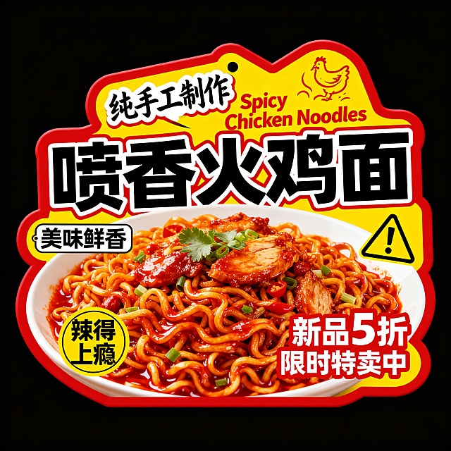 “喷香火鸡面”大标题，红黄主色调，“纯手工制作”手写体，搭配“Spicy Chicken Noodles”。火鸡面，辅以“美味鲜香”“辣得上瘾”，“新品5折限时特卖中”警示图标。