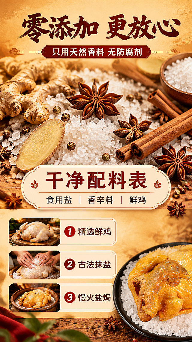 [商品] 使用【图1】广东风味盐焗鸡；保留盐焗鸡金黄色泽与鸡皮质感，缩小置于画面右下角作为产品露出辅助，不改变产品外观。
[画面] 目标：成分/工艺展示页，主打零添加无防腐剂与传统盐焗工艺。构图：上中下结构，顶部标题区，中部主视觉为粗海盐粒微距满铺+八角、桂皮、沙姜等天然香料平铺，占画面50%以上；下方3张小图纵向排列展示盐焗工艺步骤（选鸡→抹盐→盐焗）；右下角露出盐焗鸡产品一角；原料和工艺元素大且占主画面，非小icon点缀。
[视觉] 套系策略：风格=粤式烟火气商业美食摄影；标题字=粗黑体带轻微书法笔触；正文字=简洁无衬线体；主色=暖金橙；背景延展=基于暖金橙做深浅层级、粗盐颗粒质感、暖黄渐变；强调色=酱红色，仅用于小面积图标、引线和标签；标题色=深棕红；正文色=暖深灰；组件=圆角米白底信息卡、细线引线、香料装饰元素；光影=顶侧暖柔光，突出盐粒晶莹与香料质感。
[文字] 顶部主标题"零添加 更放心"，副标题"只用天然香料 无防腐剂"；中部配"干净配料表"大字+配料清单（食用盐、香辛料、鲜鸡）；下方3步工艺分别标注"精选鲜鸡""古法抹盐""慢火盐焗"；全部横排，字号保证手机端清晰可读。
[规格] 图片比例9:16竖版，4K，负向提示：避免变形、错字、文字过小、冷蓝背景、产品失真、医疗功效宣传、极限词。