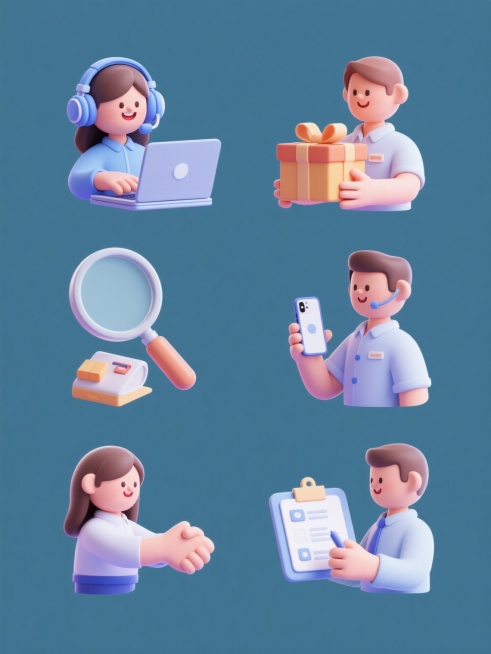 一套6个售后客服主题的3D卡通图标，每个图标均为独立场景，保持相同的3D渲染风格、柔和光影、渐变色彩和圆润造型。图标内容分别为：1. 戴着蓝色耳机的客服女孩微笑使用笔记本电脑；2. 客服人员双手捧着礼盒展示退换货流程；3. 放大镜下检查商品质量的客服人员；4. 客服人员手持智能手机进行在线咨询；5. 客服人员与用户握手达成问题解决；6. 客服人员在工单系统上记录问题。所有图标均采用纯色背景，元……预览效果