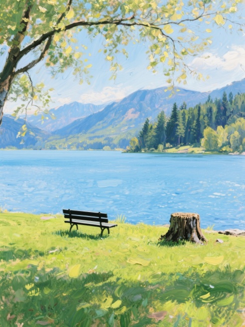 (用户需求:改变风格) 印象派风格，湖边风景，平静的蓝色湖面，远处有连绵的山脉和茂密的森林，近处绿色的草地，草地上有一个黑色的长椅和一个树桩，树枝从上方垂下，阳光透过树叶洒下斑驳的光影，整体色调明亮清新，笔触松散而富有动感，色彩丰富且具有视觉冲击力，营造出宁静而美好的氛围。预览效果