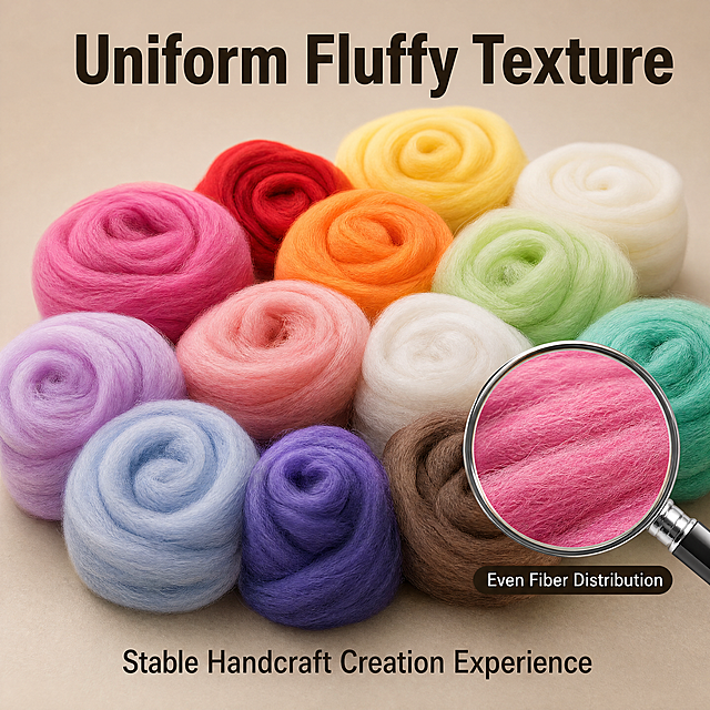 [Main Image 5] Highlight selling point - Stable uniform fluffy texture. Detail quality display, professional premium look. Macro photography, ultra clear texture, high end commercial look. Macro close-up on the layered rose shape of the wool roving, showing the uniform fluffy fiber structure. A small section is enlarged with a circular magnifying lens to highlight the even texture on the side. Product placed on a neutral matte background. Keep the original wool color and texture consistent with input image, no distortion. Soft directional lighting, creates gentle shadows that highlight the three-dimensional fluffy texture, fiber details clearly visible. Main color: matte neutral background, the wool's natural colorful texture as focus. Center close-up, product occupies 70% of frame, full screen borderless. Top main title: "Uniform Fluffy Texture", large bold font. Bottom selling point text: "Stable Handcraft Creation Experience", medium font. Side of magnifying lens: "Even Fiber Distribution", small label. All text in English, no Chinese characters. 1:1 ratio, 4K resolution, text clear, ultra HD. Negative: Deformation, watermark, text garbling, blurry product, messy background, Chinese characters.