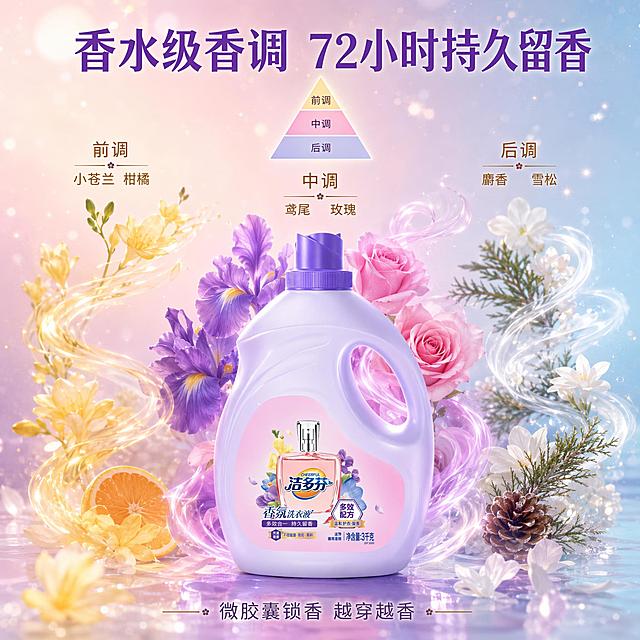 洁多芬香氛洗衣液香水级香调展示图，高级香氛氛围感。商业摄影质感，光线梦幻柔和，产品清晰高级。洗衣液瓶身位于画面中央，淡紫色瓶身紫色瓶盖粉色标签清晰，产品外观与输入图一致无变形色差，主体占比约百分之五十。瓶身周围环绕着三种香调的花朵元素，前调是黄色小苍兰和柑橘，中调是紫色鸢尾和玫瑰，后调是白色麝香和雪松，分别用不同颜色的花朵和香氛气流表现，形成三层香调环绕的视觉效果。背景是梦幻的渐变色，从淡粉到淡紫到淡蓝，有星光粒子和柔焦光斑，高级香水广告质感。顶部有香调金字塔示意图。柔和梦幻光影，侧逆光突出瓶身通透感，香氛气流有发光效果，整体高级梦幻。主色调淡紫粉蓝渐变，辅色金色星光，高级香氛感。中央对称构图，产品居中，香调元素环绕，视觉中心突出。顶部大标题香水级香调 72小时持久留香紫色粗体大号字，左侧标注前调 小苍兰柑橘，中间标注中调 鸢尾玫瑰，右侧标注后调 麝香雪松，底部小字微胶囊锁香 越穿越香。文字清晰不遮挡主体。1比1比例，超高清商业摄影质感。