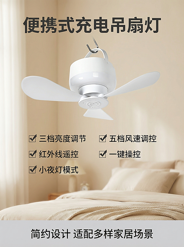 [主图 5] 便携式充电吊扇灯整体卖点汇总
[氛围风格] 温馨舒适家居治愈风，简约通透。
[画面元素] 商业摄影质感，光线柔和通透，产品清晰真实，画面干净高级。保持原产品外观完全不变，产品放置在统一的浅米卧室背景中，整体构图干净稳定，光影和前四张保持一致，产品主体清晰突出。
[配色色系] 主色调：浅米暖白，产品纯白，深灰文字，保持全套统一配色。
[视角构图] 正面平视，产品居中，画面无边框满铺。
[文字版式] 顶部大标题“便携式充电吊扇灯”深灰色粗体居中。主体产品下方，网格排列五大核心卖点，每行两个：
第一行：√ 三档亮度调节 √ 五档风速调控
第二行：√ 红外线遥控 √ 一键操控
第三行：√ 小夜灯模式
每个卖点带对勾图标，排版整齐清晰，字体大小适中，不遮挡产品。底部用通栏浅灰色块展示“简约设计 适配多样家居场景”白色文字居中，整体清晰易读，信息层级分明。
[比例分辨率] 3:4比例，2k分辨率，文字清晰可辨，超高清。
[负向提示词] 产品变形，外观改变，水印，文字错乱，产品图模糊，背景杂乱，配色刺眼，遮挡主体，光影不统一